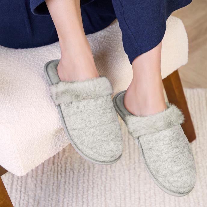 Isotoner® Ladies Brushed Marl Mule Slippers With Fur Cuff Grey 